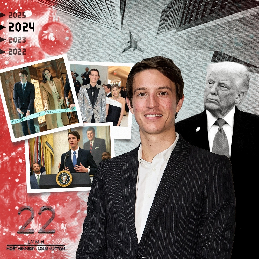 Alexandre Arnault avec, en arrière-plan, des photos de sa période aux États-Unis, ainsi que Donald Trump.