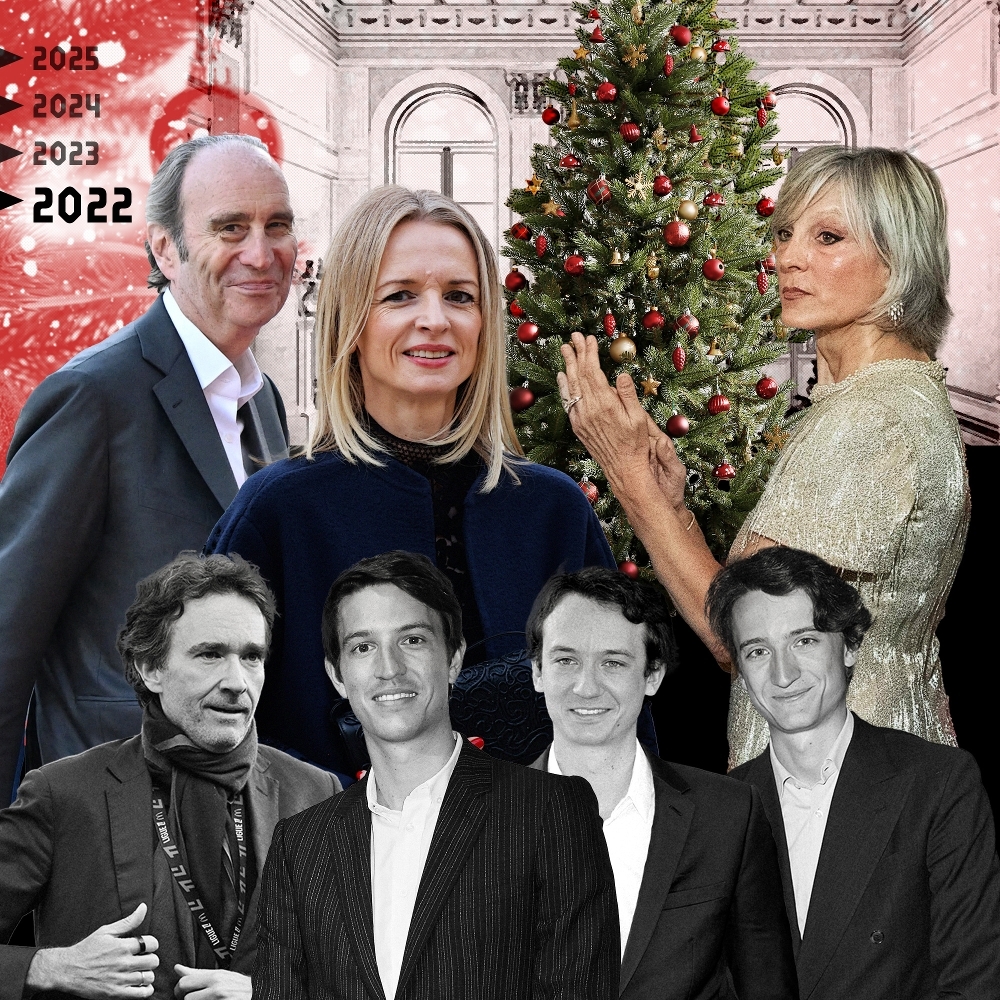 Delphine Arnault, entourée de Xavier Niel et Hélène Mercier-Arnault, avec ses frères (en bas), Antoine, Alexandre, Frédéric et Jean.