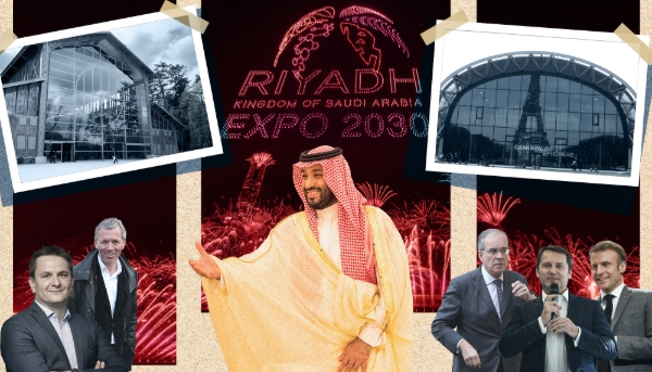 De g. à dr. : Matthieu Creux, Frédéric Bedin, Mohammed bin Salman, Maurice Gourdault-Montagne, Gilles Dufeigneux et Emmanuel Macron.