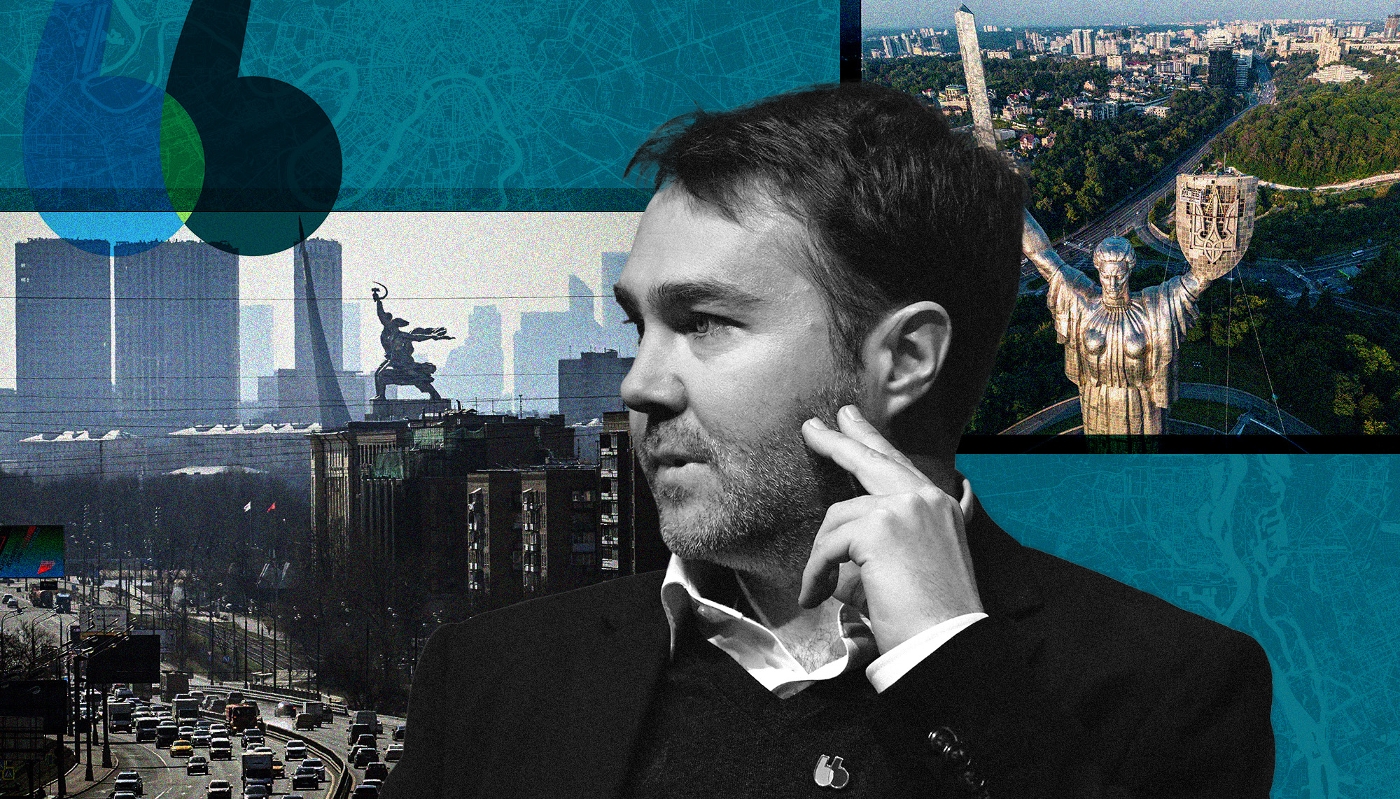 Frédéric Mazzella, le président fondateur de Blablacar. En fond : vues de Moksva-City à Moscou (g.) et de Kiev (dr.).