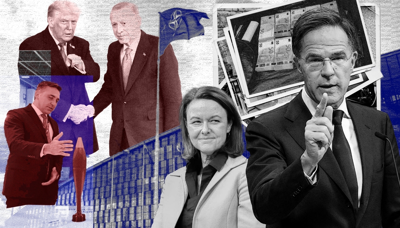 Ismail Terlemez (en b. à g.), PDG d'Arca Defense ; Donald Trump et Recep Tayyip Erdoğan (en h. à g.) ; Stacy Cummings (au c.) et Mark Rutte (à dr.)