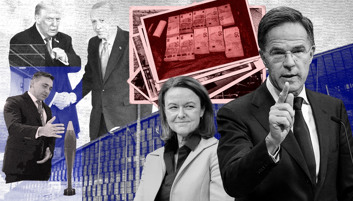 Ismail Terlemez (en b. à g.), PDG d'Arca Defense ; Donald Trump et Recep Tayyip Erdoğan (en h. à g.) ; Stacy Cummings (au c.) et Mark Rutte (à dr.)
