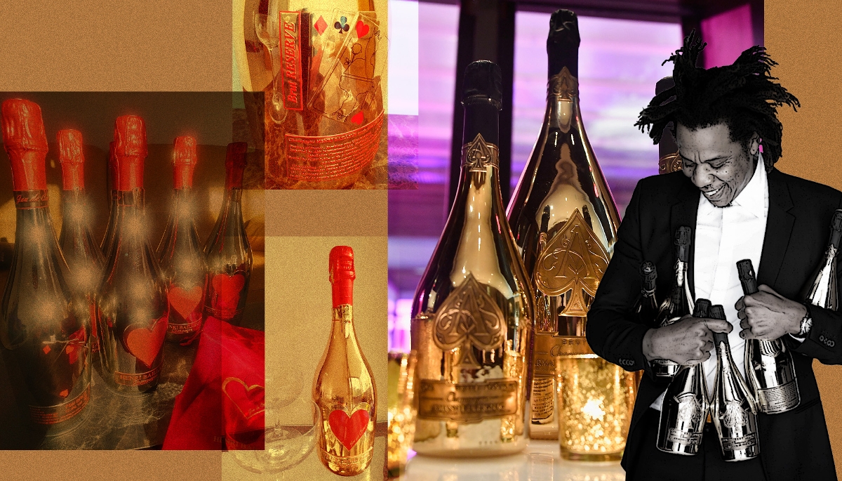 À gauche : vue du champagne Henri Bailleur 'Jeu de cœur'. À droite : Jay-Z et son champagne Armand de Brignac 'Ace of Spades'.
