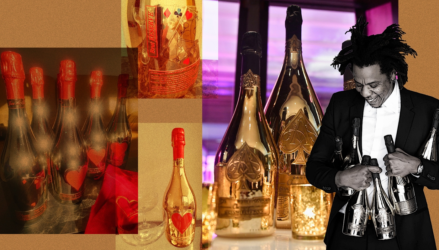 À gauche : vue du champagne Henri Bailleur 'Jeu de cœur'. À droite : Jay-Z et son champagne Armand de Brignac 'Ace of Spades'.