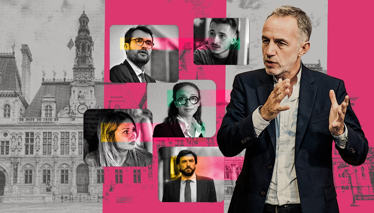 Emmanuel Grégoire et quelques membres de son QG, Antoine Guillou, Paul Tirot, Johanne Kouassi, Lily Munson, Maxime Sauvage.