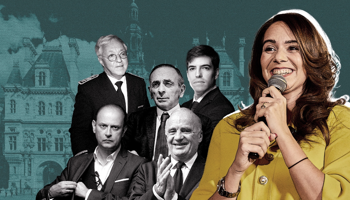 Sarah Knafo avec, de haut en bas et de gauche à droite, Gilbert Payet, Samuel Lafont, Éric Zemmour, Olivier Ubéda et Philippe Cuignache.
