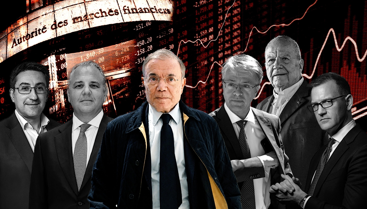 Jean-Charles Naouri, entouré, de gauche à droite, de Xavier Desmaison, Philippe Ghanem, Jean-Laurent Bonnafé, Marc Ladreit de Lacharrière et Daniel Kretinsky.