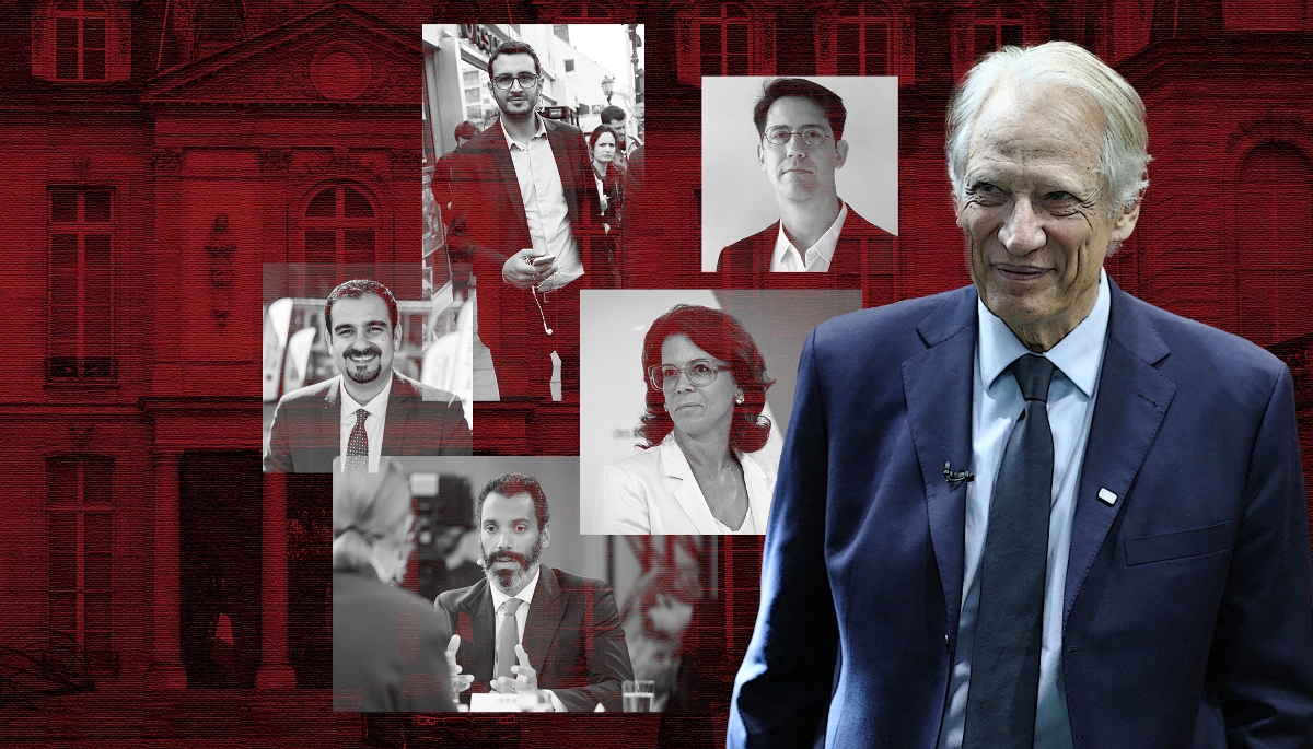 Dominique de Villepin et des membres de son équipe (de g. à dr.), Benoît Jimenez, Shahin Vallée, Baptiste Fournier, Alexandra Palt, Daniel Arlaud.