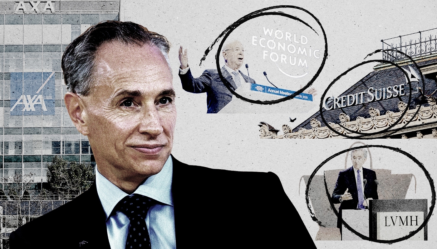 Thomas Buberl, CEO of AXA, alongside Klaus Schwab, chairman of the World Economic Forum, Bernard Arnault, CEO of LVMH, and a view of Credit Suisse's headquarters.