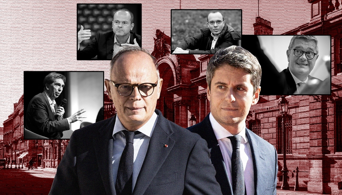 Édouard Philippe et Gabriel Attal, entourés de (de g. à dr.) Bertrand Martinot, Franck von Lennep, Nicolas Marques et Franck Morel.