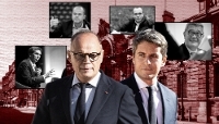 Édouard Philippe et Gabriel Attal, entourés de (de g. à dr.) Bertrand Martinot, Franck von Lennep, Nicolas Marques et Franck Morel.