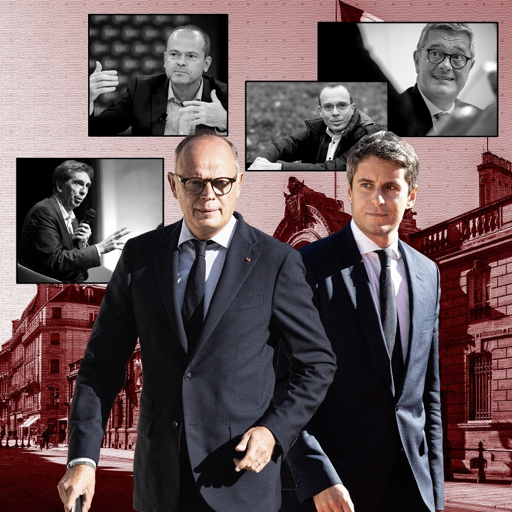 Édouard Philippe et Gabriel Attal, entourés de (de g. à dr.) Bertrand Martinot, Franck von Lennep, Nicolas Marques et Franck Morel.