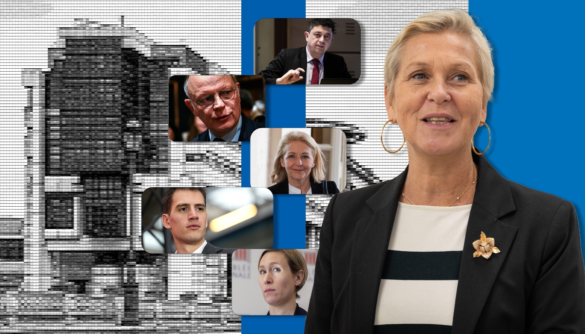 La ministre chargée du numérique, Anne Le Hénanff, entourée de (de h. en b.) Jérôme Notin, Édouard Philippe, Laure de la Raudière, Arthur Mensch et Laure Miller.