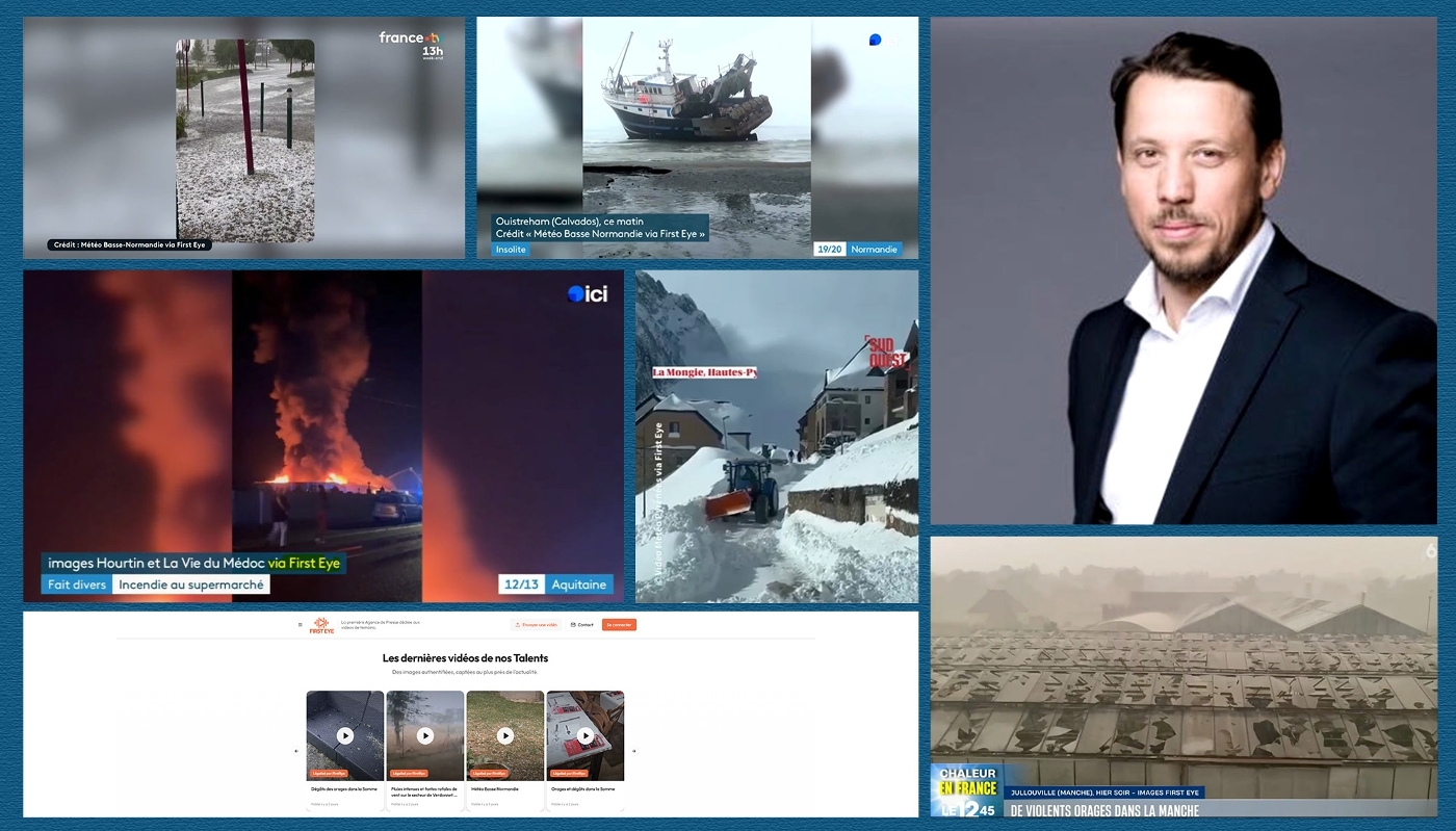 Montage présentant des captures de vidéos proposées par First Eye reprises dans les médias, ainsi du site internet de la start-up. En haut à droite, Guillaume Porteu, CEO et confondateur de First Eye.