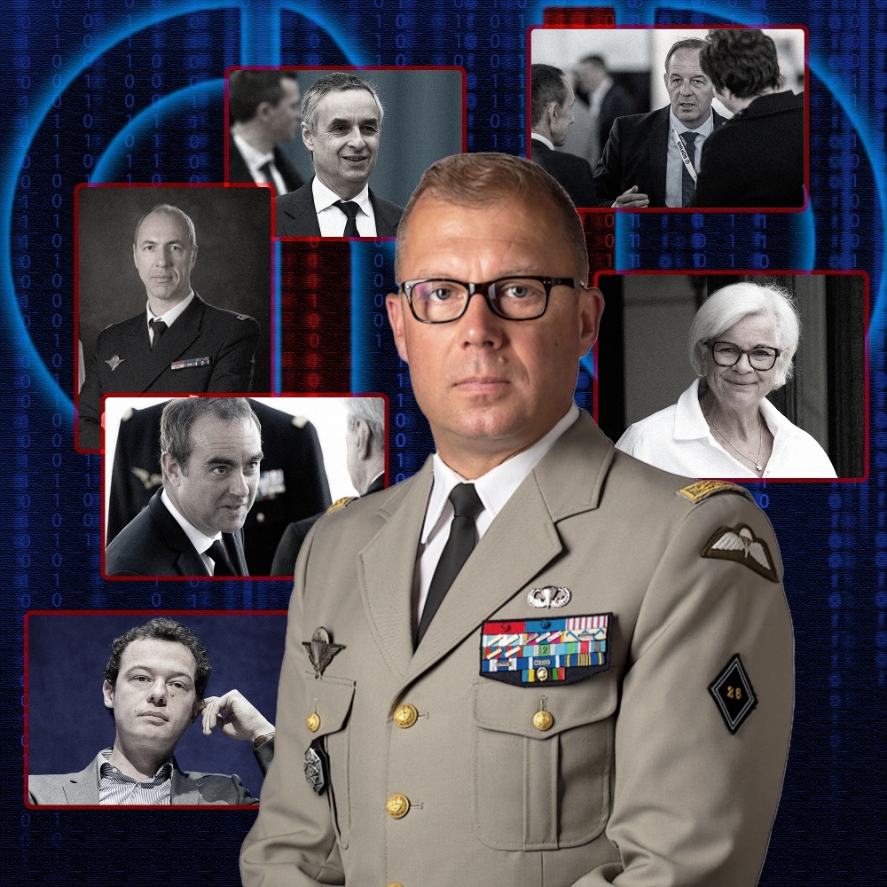 Le général Erwan Rolland entouré (de haut en bas) de Benoît de Saint-Sernin, Patrick Pailloux, Lionel Morin, Catherine Vautrin, Sébastien Lecornu et Bertrand Rondepierre.