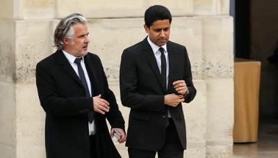 Le président de la LFP, Vincent Labrune (à g.) et celui du PSG, Nasser al-Khelaïfi.