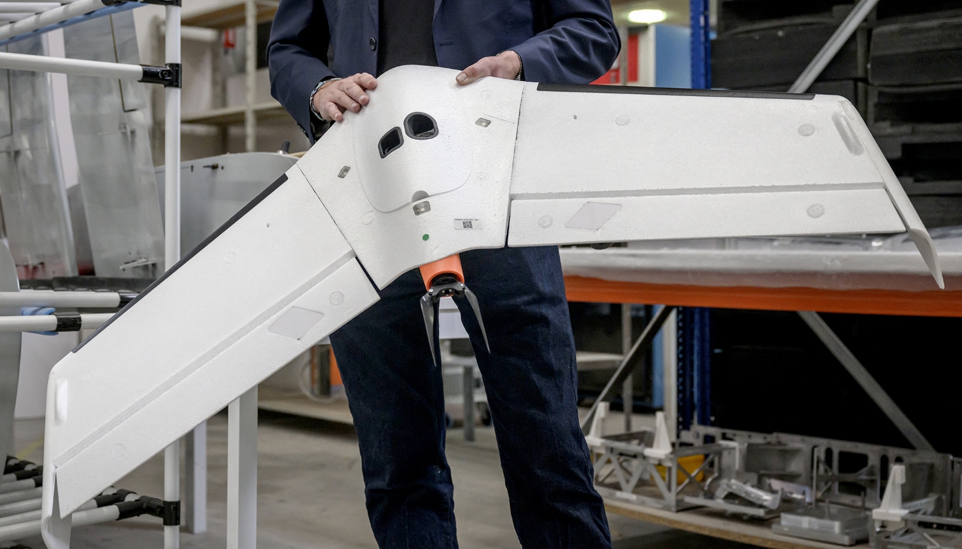 Présentation d'un drone Oskar dans l'usine de Delair à Labège (Haute-Garonne), le 11 avril 2025.