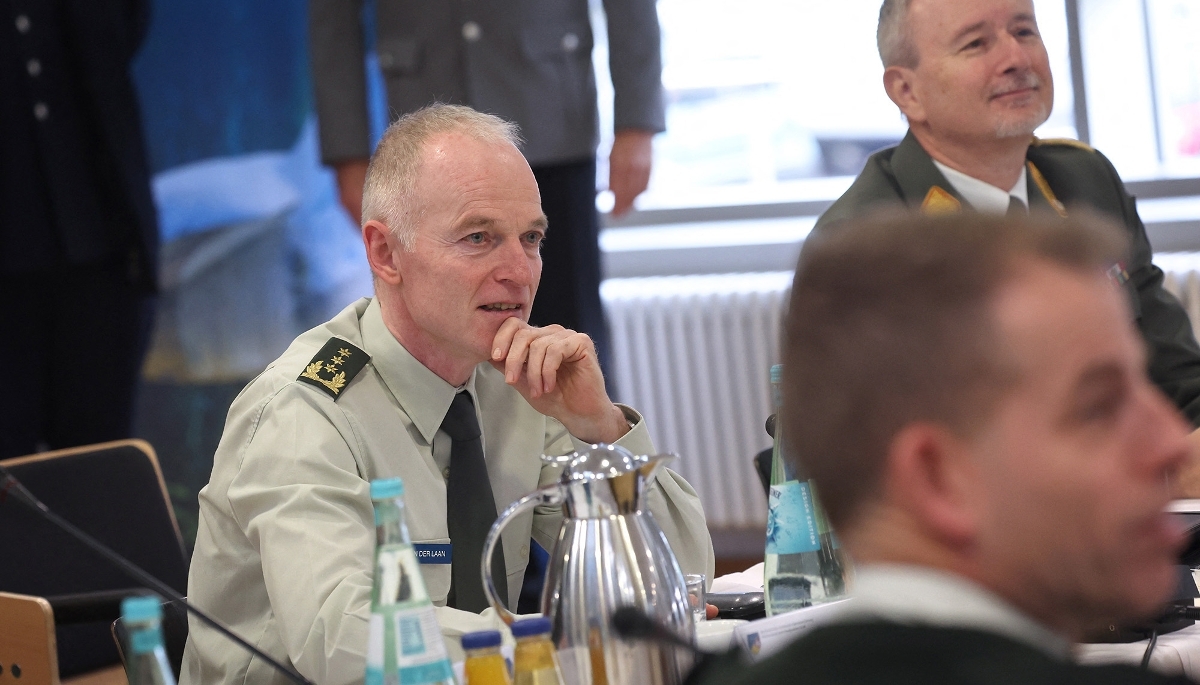 Dutch Lieutenant General Michiel van der Laan (left), Director General of the EU Military Staff, meets with European Union military commanders in Germany, 27 November 2025.