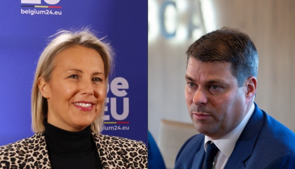 La ministre de la défense belge Ludivine Dedonder et Stéphane Burton, PDG d'Orizio, holding de Sabena Aerospace et Sabca.