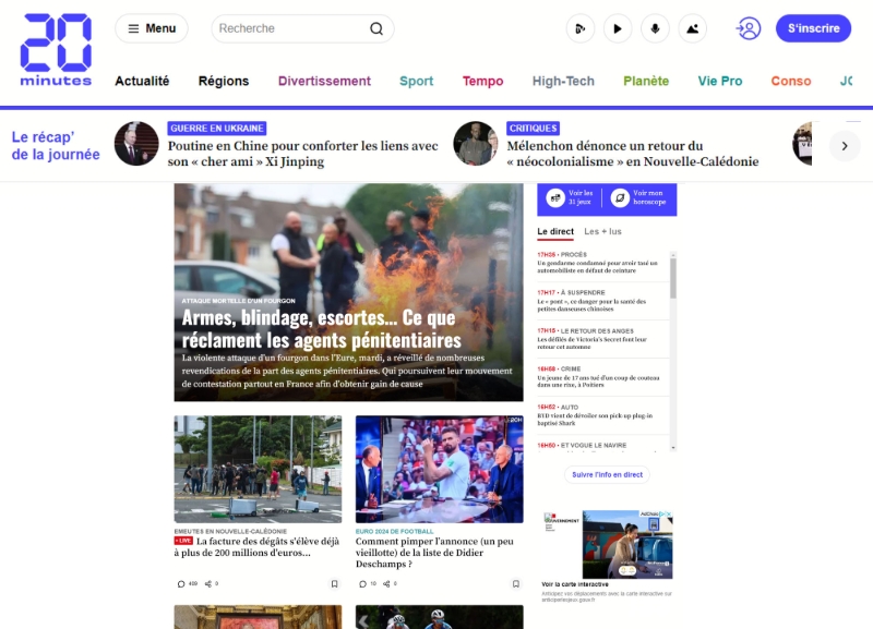 La page d'accueil du site internet 20minutes.fr.