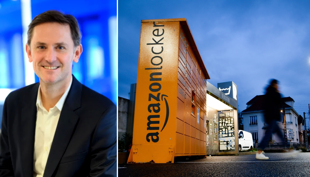 Jean-Baptiste Thomas, directeur de la filiale française d'Amazon, à côté de casiers Amazon Locker dans une commune de l'Allier.
