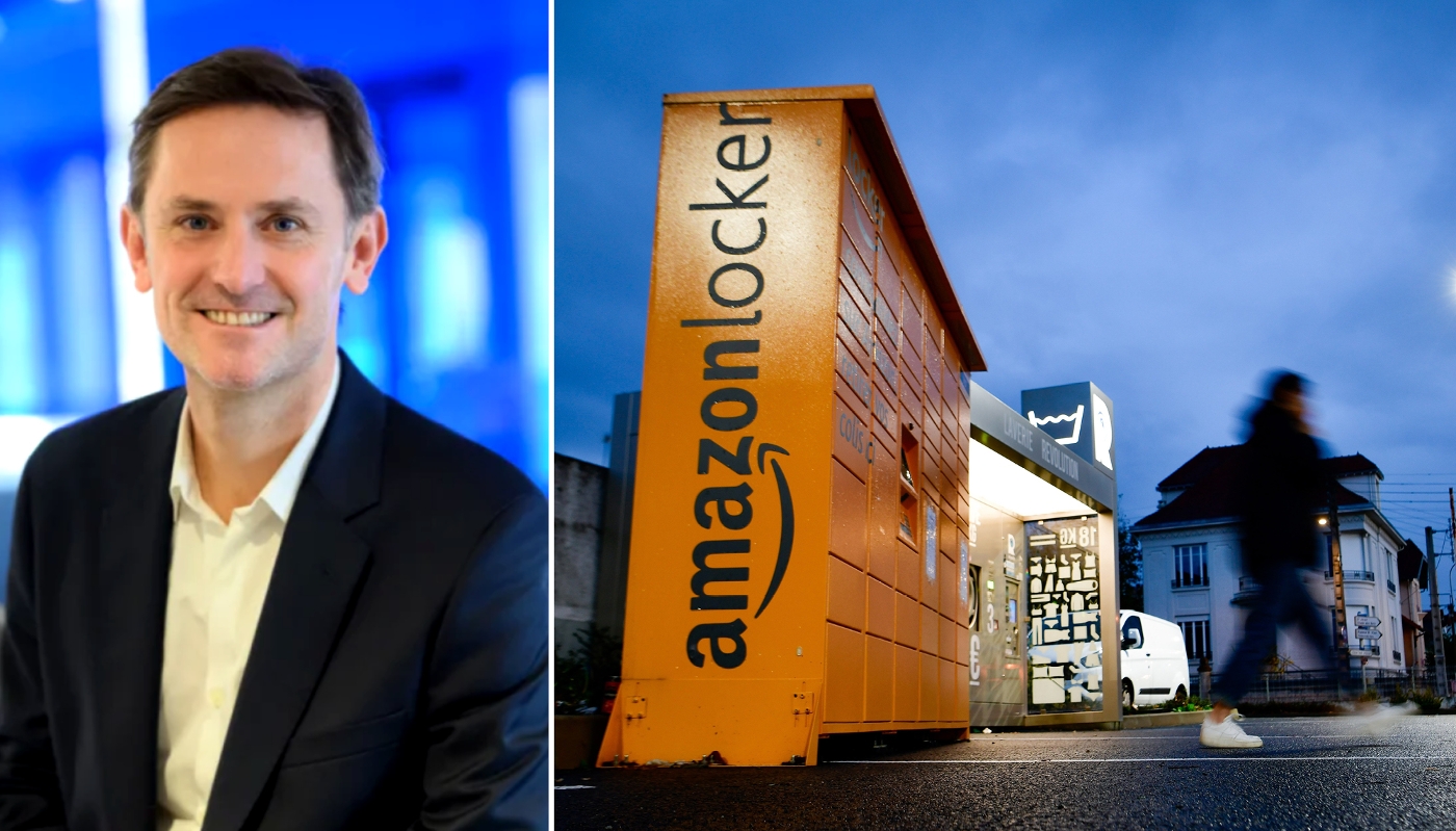 Jean-Baptiste Thomas, directeur de la filiale française d'Amazon, à côté de casiers Amazon Locker dans une commune de l'Allier.
