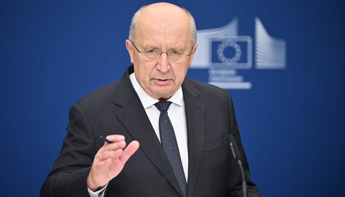 European Commissioner for Defence and Space Andrius Kubilius holds a press conference in Brussels, Belgium, on September 11, 2026.