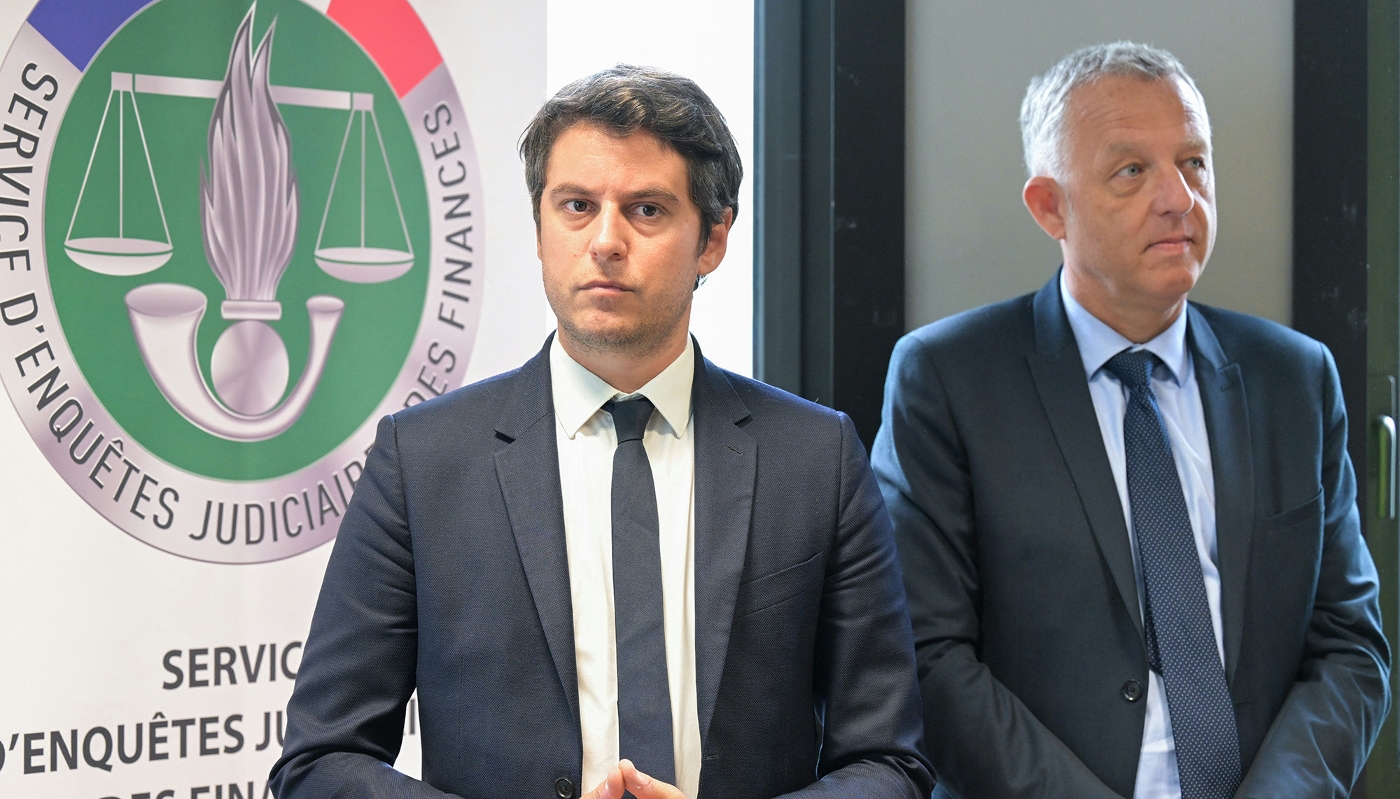 Christophe Perruaux, directeur du Service d’enquêtes judiciaires des finances (SEJF) sur le point d'être transformé en l'Onaf, lors de la visite du ministre délégué chargé des comptes publics Gabriel Attal, au ministère des finances, le 9 mai 2023.