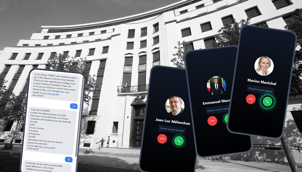 Des exemples de campagnes de SMS et de vocaux, sur fond du siège de la Cnil à Paris.