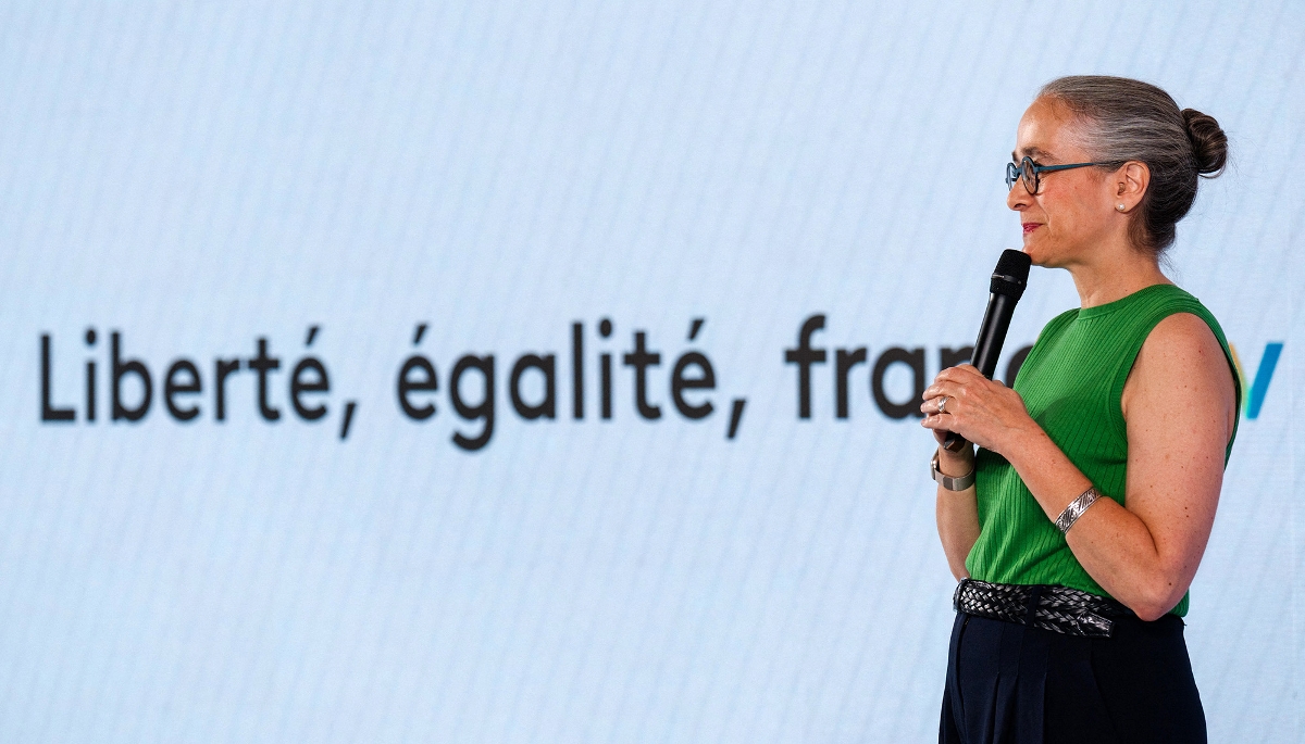 Delphine Ernotte-Cunci, PDG de France télévisions, présente en conférence de presse la grille de rentrée et la nouvelle saison du groupe audiovisuel public, à Paris, le 8 juillet 2025.