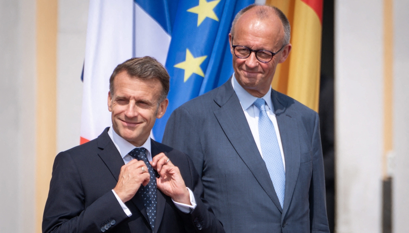 French President Emmanuel Macron and German Chancellor Friedrich Merz, in Brühl (Germany), on 17 July 2026.