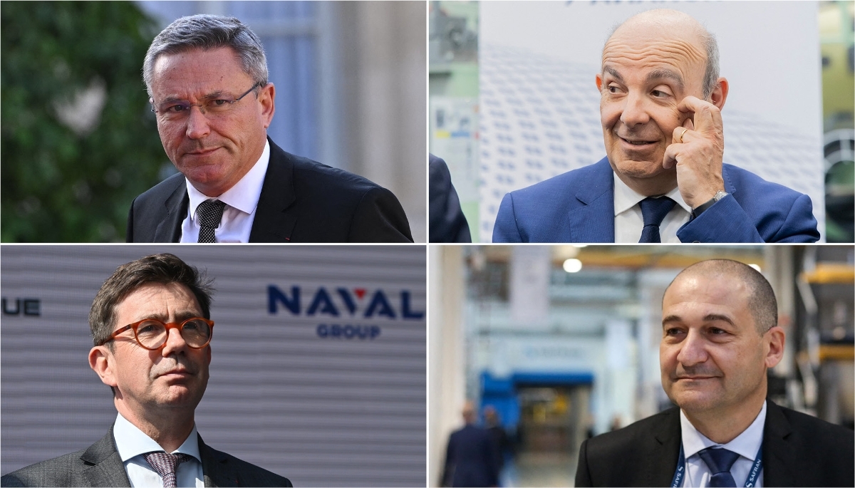 Éric Béranger (MBDA), Éric Trappier (Dassault Aviation), Pierre-Éric Pommellet (Naval Group) et Jean-Paul Alary (KNDS).
