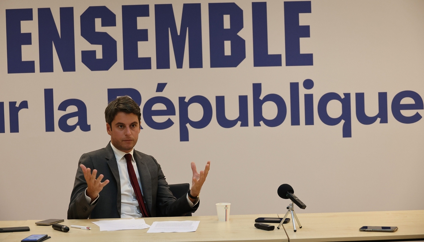 Gabriel Attal, au siège du parti Renaissance, rue du Rocher à Paris.
