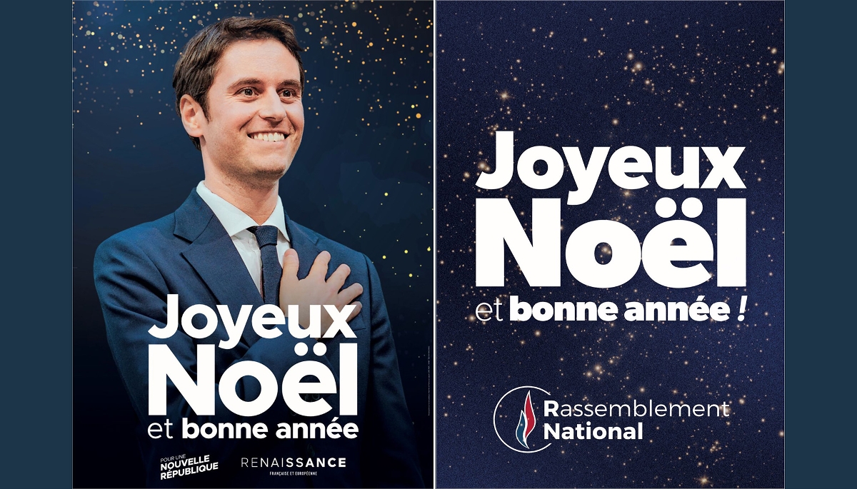 L'affiche de Noël de Gabriel Attal pour 2025 et celle du Rassemblement national pour 2024.