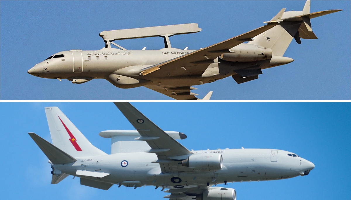 En haut : le GlobalEye de Saab et Bombardier. En bas : l'E-7 de Boeing.
