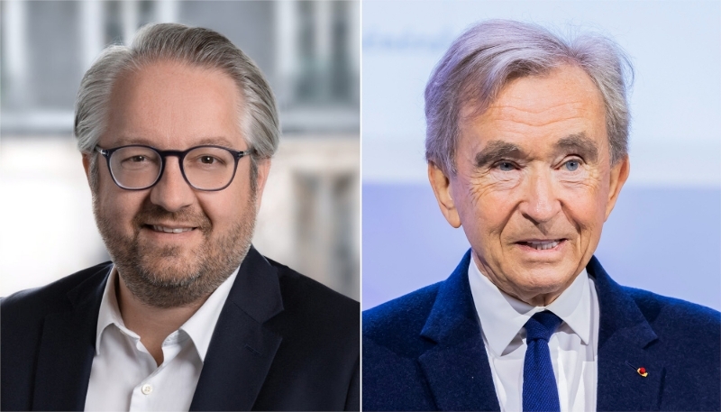 Le chef du bureau parisien de Brunswick, Guillaume Maujean, et le PDG de LVMH, Bernard Arnault.