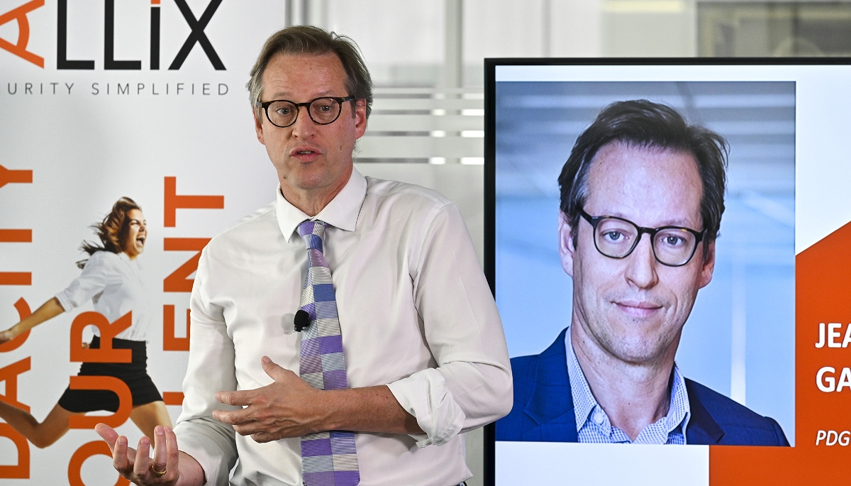 Jean-Noël de Galzain, PDG et fondateur de Wallix, en conférence de presse, le 10 mai 2022.

