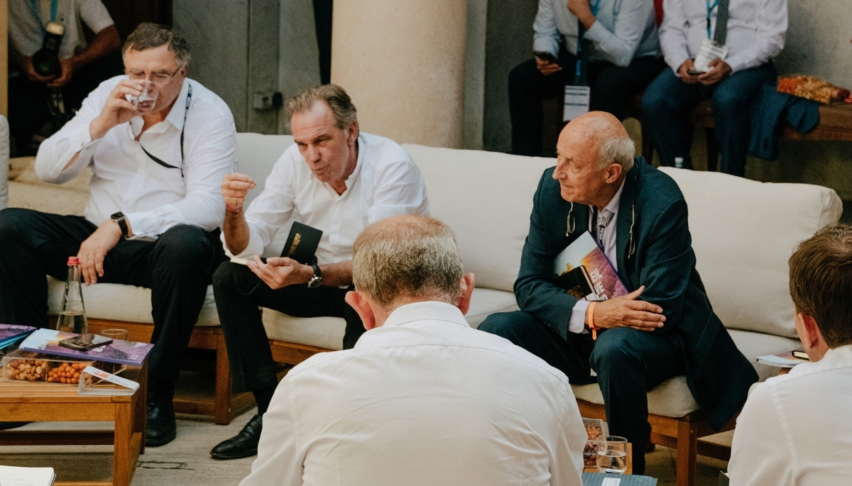 L'économiste Jean-Hervé Lorenzi (à dr.), au côté de Patrick Pouyanné et Renaud Muselier, lors des Rencontres économiques d'Aix, le 8 juillet 2023.
