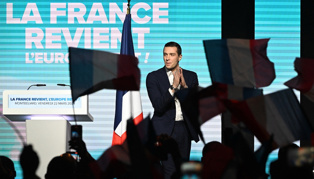 Jordan Bardella, lors d'un meeting de campagne pour les européennes, à Montbéliard, le 22 mars 2024.