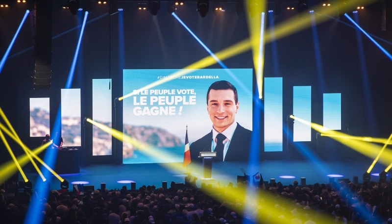 Un meeting de campagne de Jordan Bardella pour les européennes, le 2 juin 2024 à Paris.