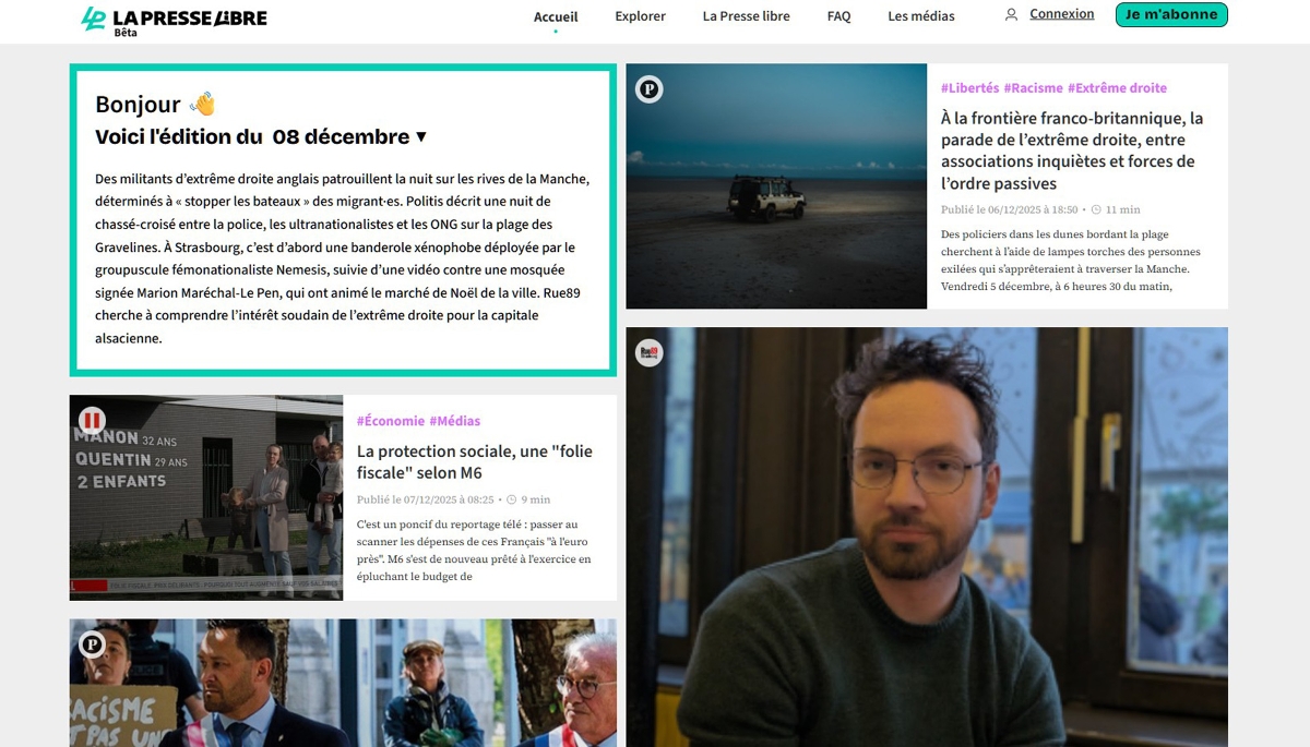 La page d'accueil de la plateforme de La Presse libre, le 8 décembre 2025.