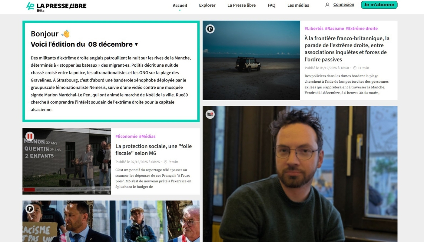 La page d'accueil de la plateforme de La Presse libre, le 8 décembre 2025.