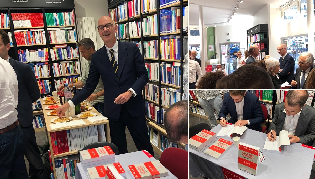Roland Lescure, ministre de l'économie et des finances ; Éric Lombard et Roland Lescure, à la librairie LGDJ, rue Soufflot à Paris ; Emmanuel Monnet et Xavier Jaravel, dédicaçant leur livre, le 9 septembre 2026 (de gauche à droite, de haut en bas).