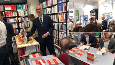 Roland Lescure, ministre de l'économie et des finances ; Éric Lombard et Roland Lescure, à la librairie LGDJ, rue Soufflot à Paris ; Emmanuel Monnet et Xavier Jaravel, dédicaçant leur livre, le 9 septembre 2026 (de gauche à droite, de haut en bas).