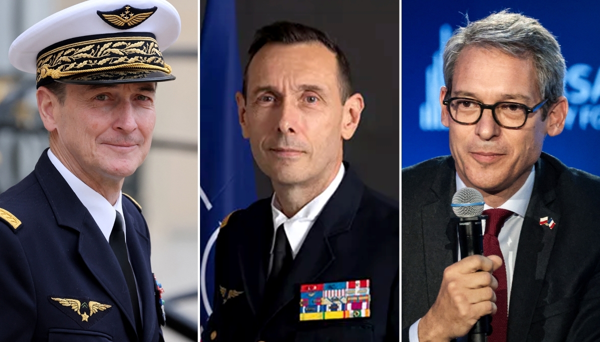 Le chef d'état-major des armées, Fabien Mandon, le représentant militaire français auprès de l'Otan, Cyril Carcy, et l'ambassadeur David Cvach.