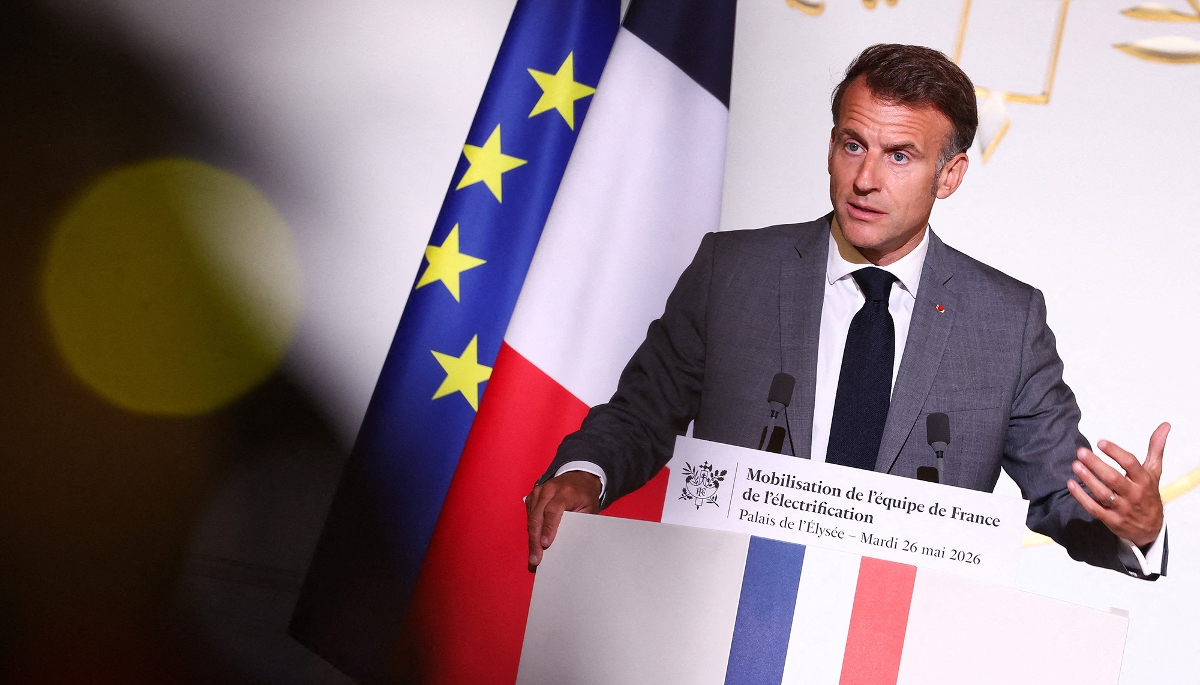 Emmanuel Macron, lors de son discours d'accueil de l''équipe de France de l'électricité' à l'Elysée, le 26 mai, en vue de la mobilisation du secteur pour le plan d'électrification des usages élaboré par le premier ministre Sébastien Lecornu.
