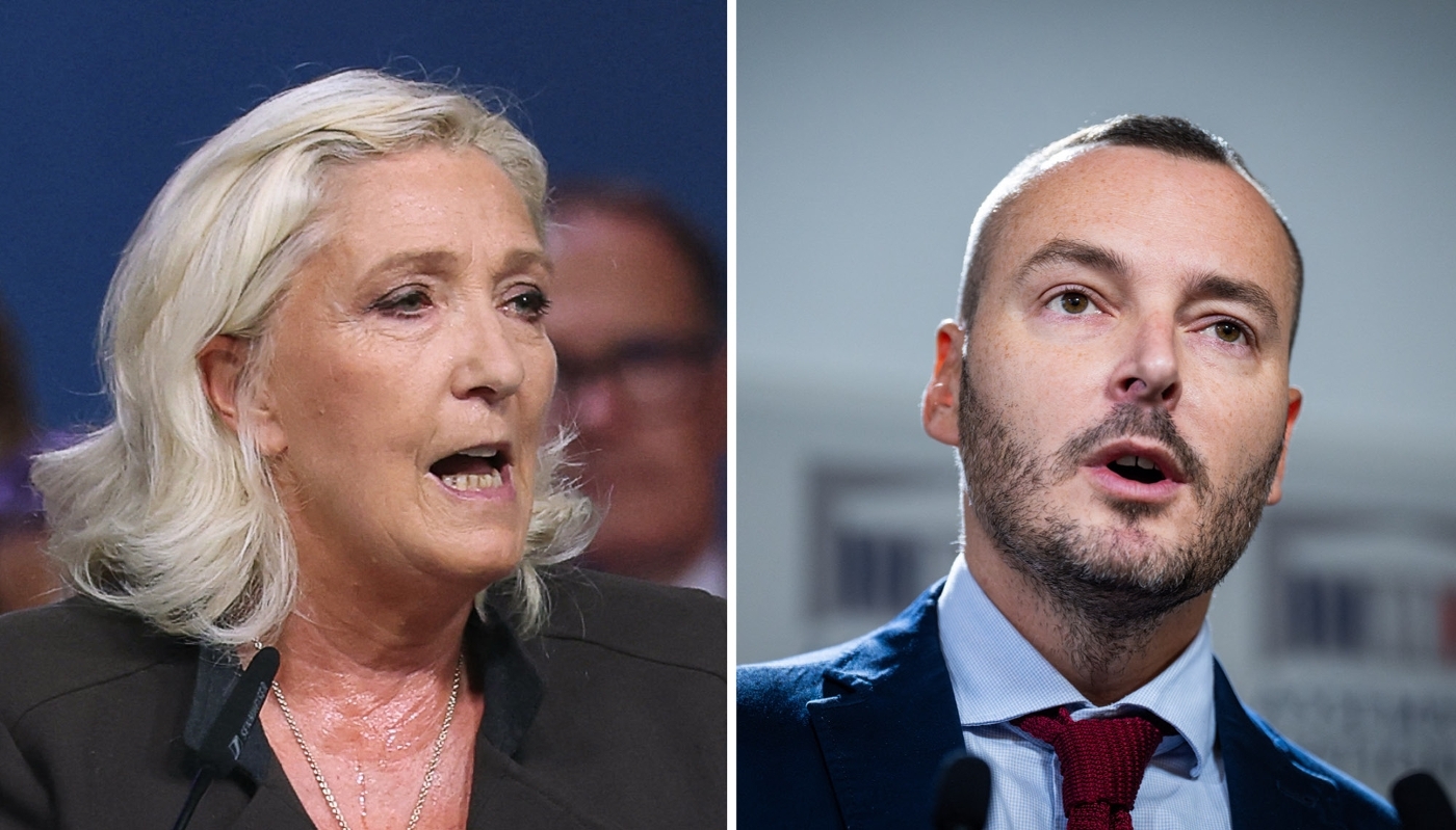 La candidate du RN à la présidentielle, Marine Le Pen, et le député Frédéric Falcon.