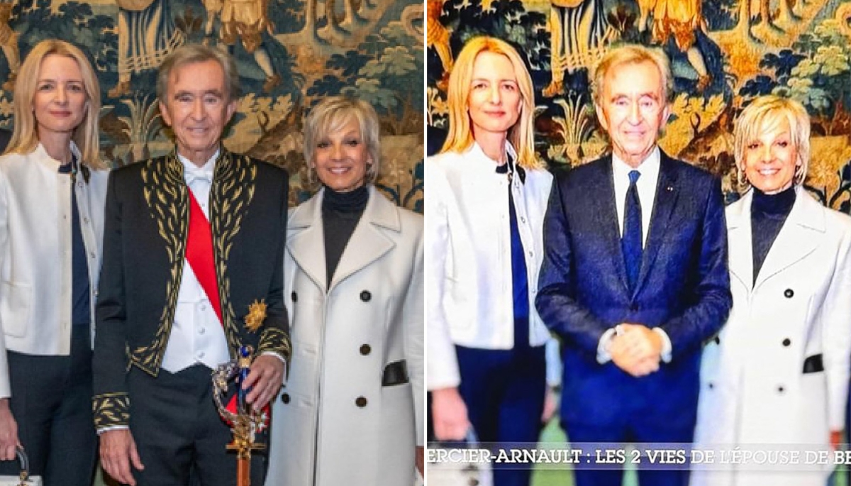 Détail de la photo réalisée par le photographe Emanuele Scorcelletti à l'Institut de France, le 12 janvier 2026, lors de la cérémonie d'installation de Bernard Arnault à l'Académie des sciences morales et politiques (à gauche), et détail de la même photo telle que diffusée dans le 'Portrait' consacré à Hélène Mercier-Arnault dans l'émission '7 à 8' sur TF1, le 22 février (à droite).