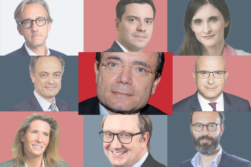 Jean-Charles Naouri, cerné par (de g à dr et de h en b) : Lionel Spizzichino,  Aurélien Loric,  Anne-Sophie Noury, Laurent Mabilat, Jean-Pierre Farges, Alexandra Bigot; Yannick Piette et Saam Golshani.