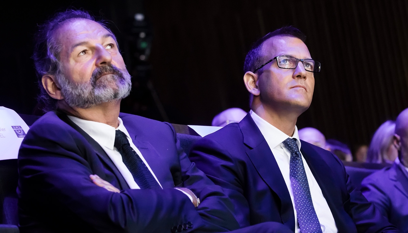 Denis Olivennes et Daniel Kretinsky, aux Rencontres de l'Udecam, à Paris, le 5 septembre 2019.